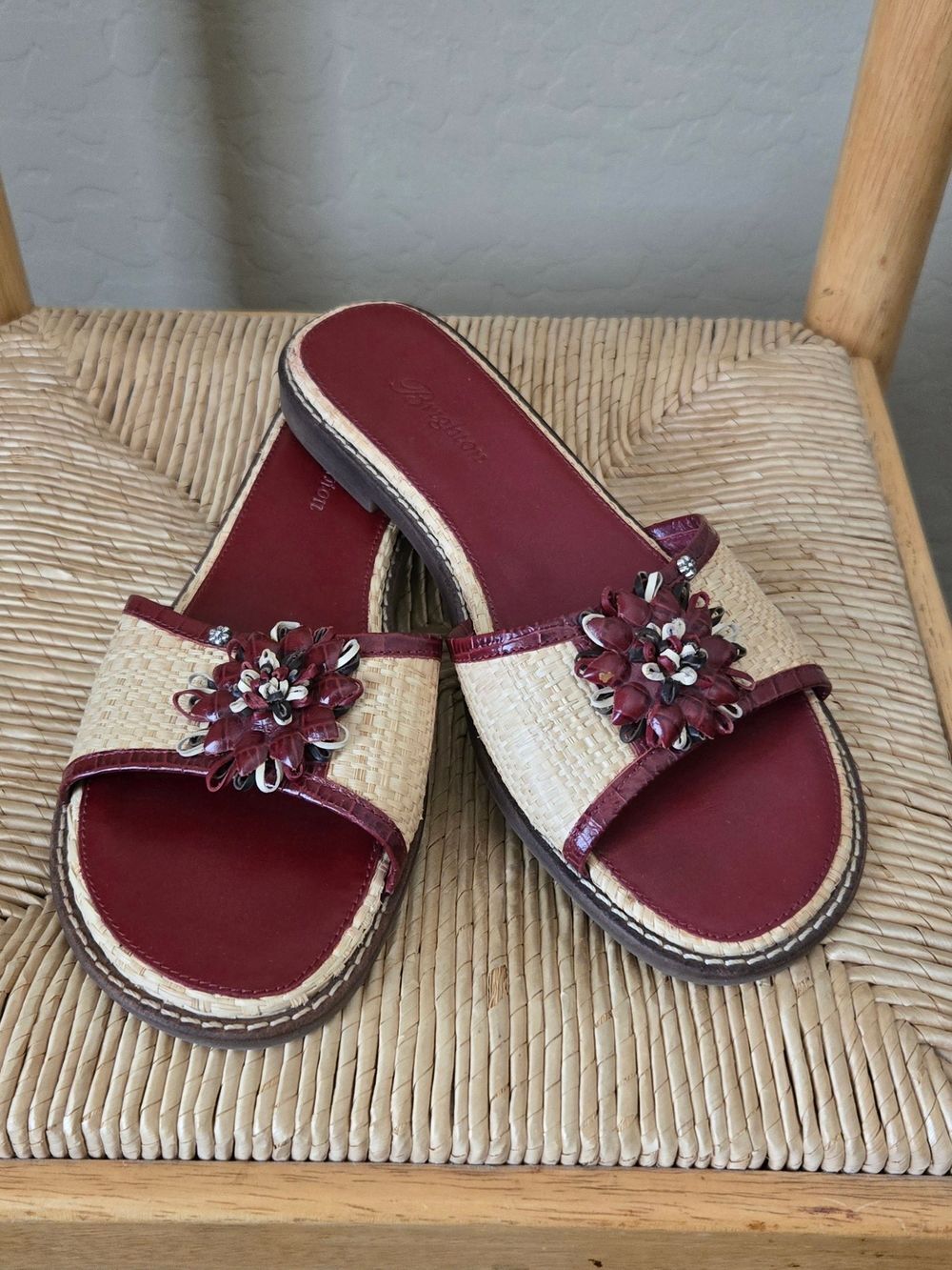 Brighton Burgundy and Natural Slide Sandals with Floral Accent, Sz 8